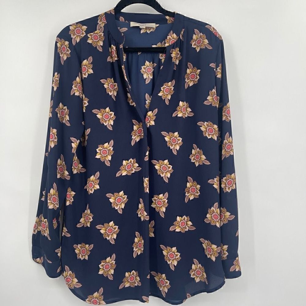Loft Women's Floral Long Sleeve Pullover Blue Flowy Top Size M